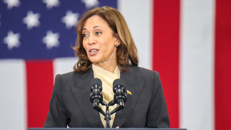 Vice President Kamala Harris speaks to the audience during her visit to the Qcells solar plant...