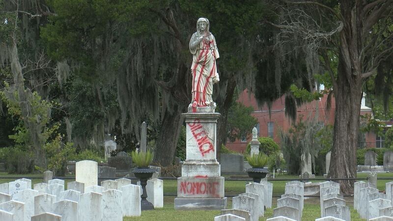 A Confederate monument in a Savannah cemetery has been damaged with spray paint and parts broken.