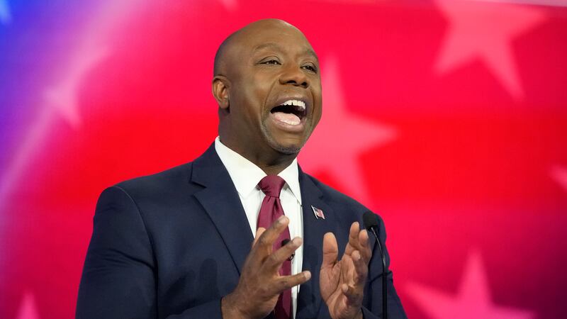 Republican presidential candidate Sen. Tim Scott, R-S.C., speaks during a Republican...