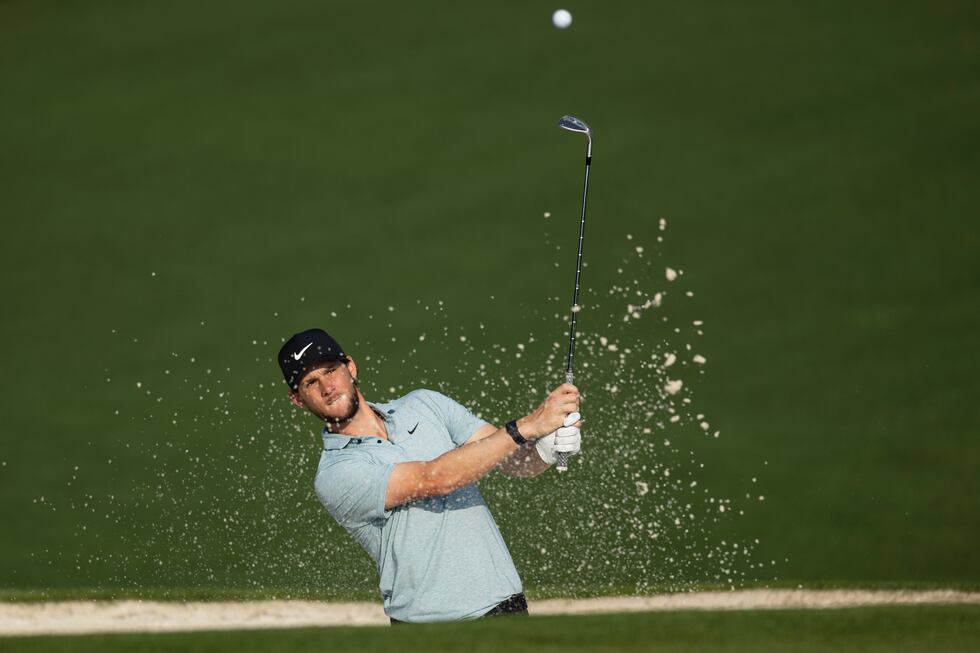 Thomas Pieters of Belgium plays a stroke from a bunker on the No. 2 hole during practice round...