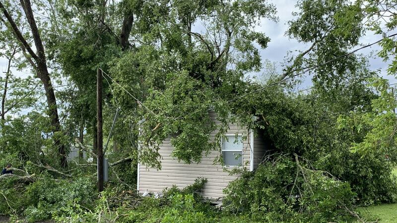 A trailer in Odum, Georgia. The trailer is covered by storm debris.