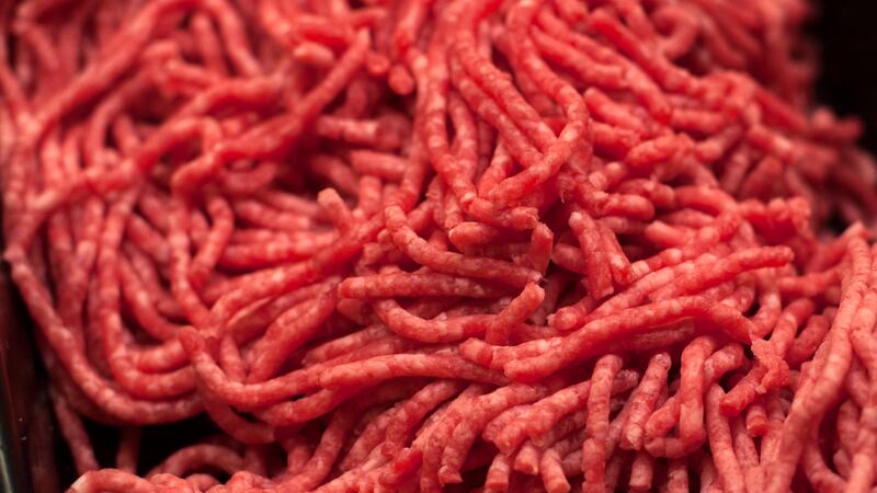 FILE - In this Saturday, April 1, 2017 file photo, ground beef is displayed for sale at a...